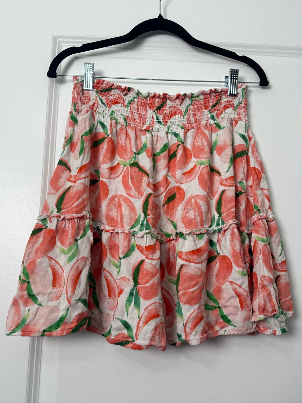 Anthropologie Peach Fruit Watercolor Smocked Mini Tiered Skirt Fits medium-Large